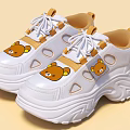 Trendy White Lace Up Platform Sneakers With Cute Bear Designs And Yellow Accents