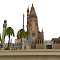 Cartoon Scene of Enchanted Castle with Spires Towers Hilltop Fountain Platform and Bridge