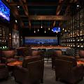 Elegant Bar Interior With Wooden Ceiling Wine Racks TV Screens And Leather Sofas