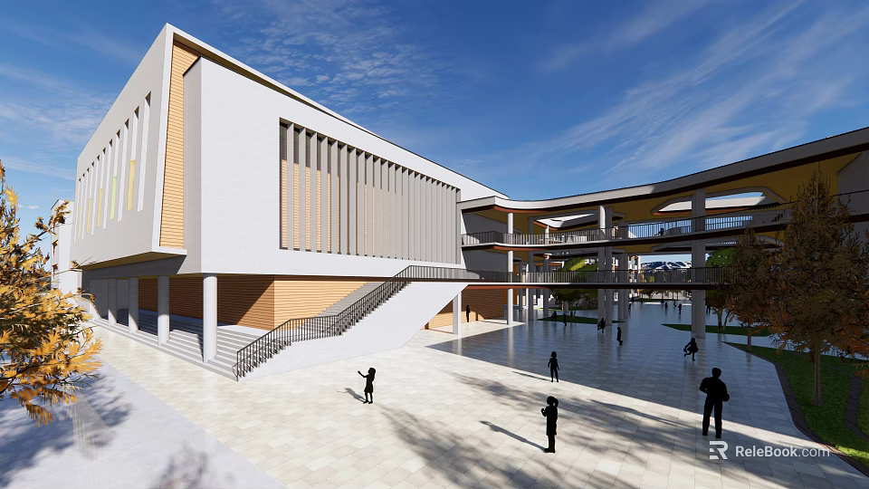 Modern School Building Exterior With White Wooden Facade Multi Level Walkways And Open Plaza Area 3d model 