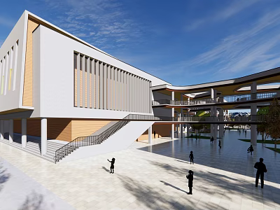 Modern School Building Exterior With White Wooden Facade Multi Level Walkways And Open Plaza Area 3d model