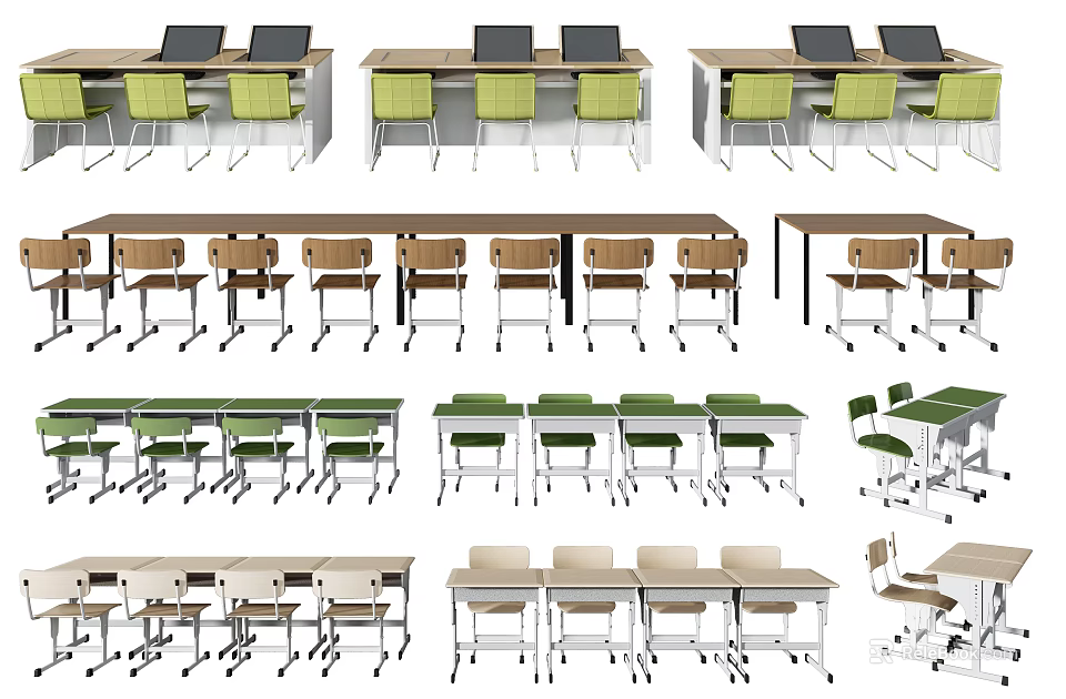 Modern Study Desks With Ergonomic Green Chairs And Multiple Design Styles 3d model