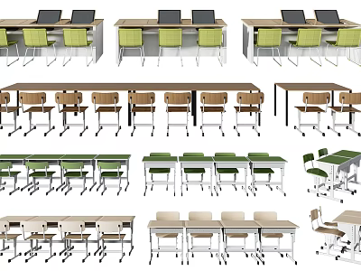 Modern Study Desks With Ergonomic Green Chairs And Multiple Design Styles 3d model