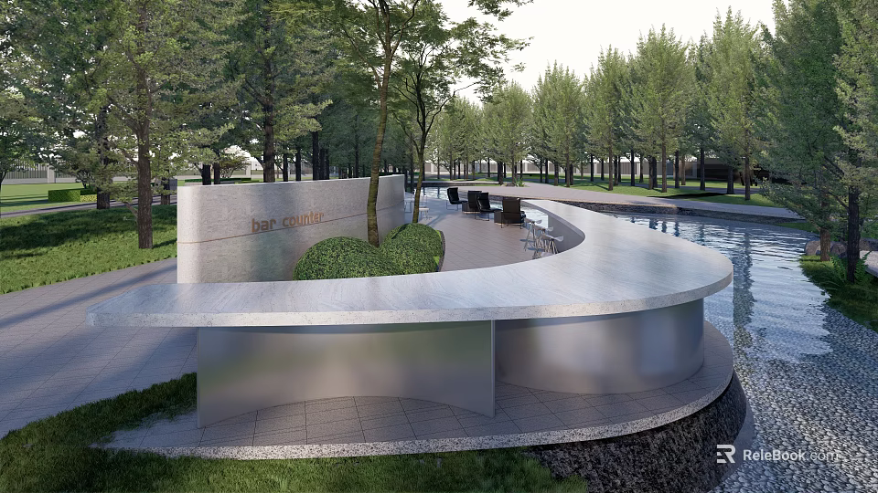 Modern Water Fountain Design With Curved Metal Structure And Surrounding Green Trees 3d model 