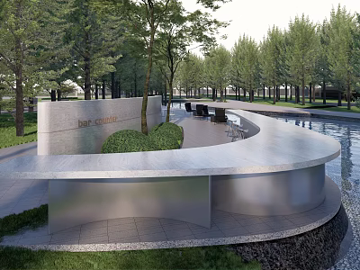 Modern Water Fountain Design With Curved Metal Structure And Surrounding Green Trees 3d model
