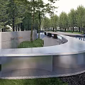 Modern Water Fountain Design With Curved Metal Structure And Surrounding Green Trees