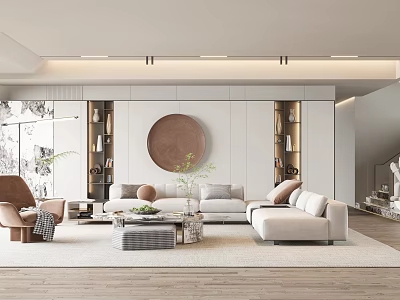 Modern Living Room Interior With Round Decorative Wall Art Sofa And Bookshelves 3d model