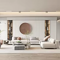 Modern Living Room Interior With Round Decorative Wall Art Sofa And Bookshelves