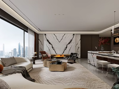 Modern Living Dining Room Interior Design With Marble Accent Wall City View And Cozy Sofa 3d model