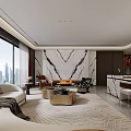Modern Living Dining Room Interior Design With Marble Accent Wall City View And Cozy Sofa