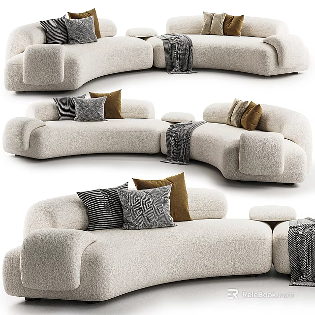 Beige Sectional Sofa with Gray Brown Pillows Gray Blanket and Round Side Table 3d model 