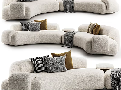 Beige Sectional Sofa with Gray Brown Pillows Gray Blanket and Round Side Table 3d model