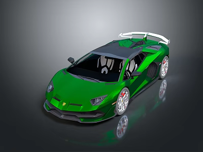 Green Sports Car with Black Roof White Rear Spoiler and Silver Wheels on Reflective Surface 3d model