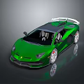 Green Sports Car with Black Roof White Rear Spoiler and Silver Wheels on Reflective Surface