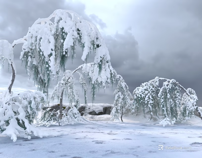 Snow Covered Trees With Drooping Branches Under Overcast Sky And Snowy Ground 3d model 
