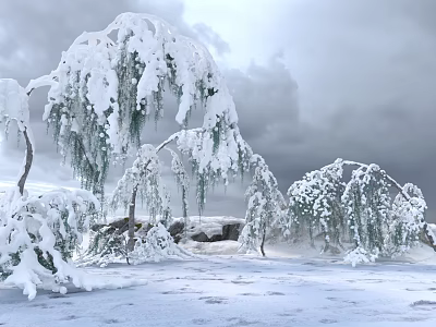 Snow Covered Trees With Drooping Branches Under Overcast Sky And Snowy Ground 3d model