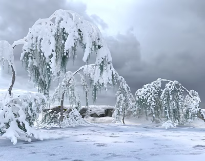 Snow Covered Trees With Drooping Branches Under Overcast Sky And Snowy Ground 3d model