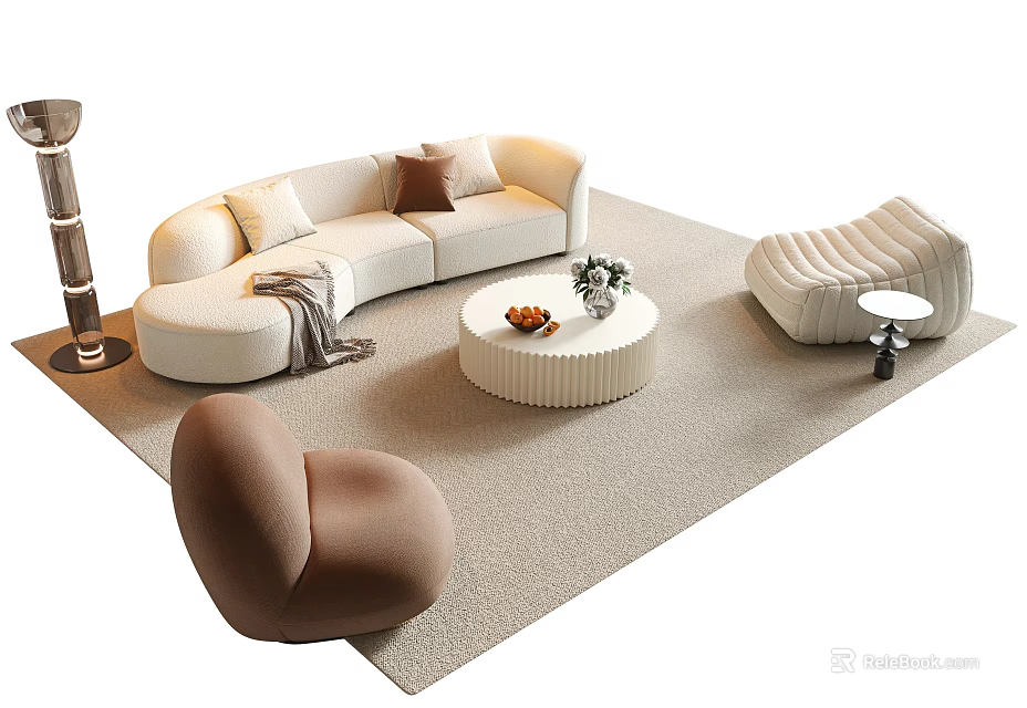 White Curved Sofa and Round Coffee Table Set with Throw Pillows and Cozy Living Elements 3d model