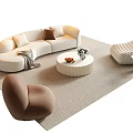 White Curved Sofa and Round Coffee Table Set with Throw Pillows and Cozy Living Elements 3d model