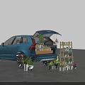 Blue SUV With Open Trunk Carrying Plants And Boxes Near Wooden Plant Stand