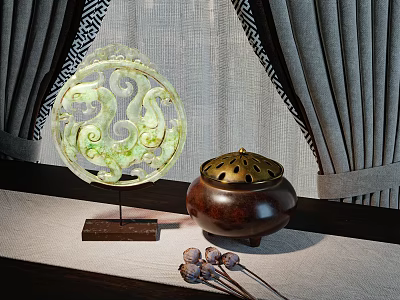 Elegant Decorative Ornament Set with Green Hollow out Ornament Brown Incense Burner and Curtain Background 3d model