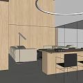 Modern Living and Dining Room Interior With Wooden Walls Round Pendant Light And Sofas
