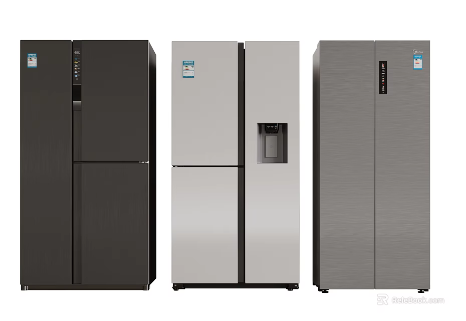 Three Modern Refrigerators In Black Silver Gray With Sleek Design And Water Dispensers 3d model 
