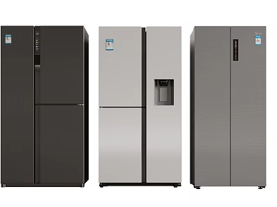 Three Modern Refrigerators In Black Silver Gray With Sleek Design And Water Dispensers 3d model