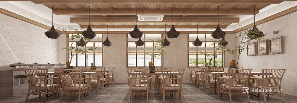 Cozy Restaurant Interior Design With Wooden Ceiling Black Pendant Lights And Wooden Furniture 3d model 