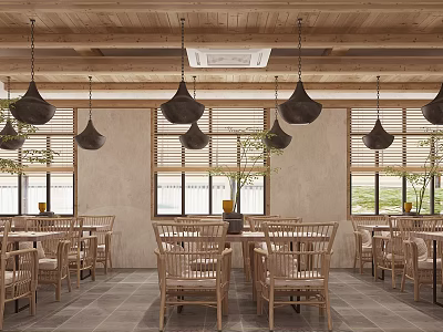 Cozy Restaurant Interior Design With Wooden Ceiling Black Pendant Lights And Wooden Furniture 3d model