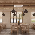 Cozy Restaurant Interior Design With Wooden Ceiling Black Pendant Lights And Wooden Furniture
