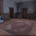 Elegant Interior Scene With Blue Sofa Wooden Paneling Patterned Wallpaper Large Rug And Herringbone Floor
