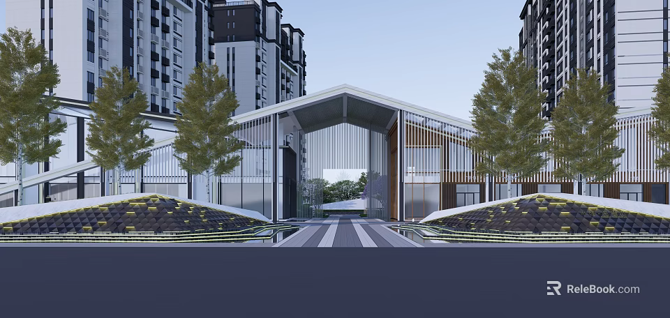 Modern Pergola Structure With Glass Facade And Trees Near High Rise Buildings 3d model 