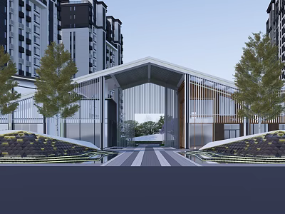 Modern Pergola Structure With Glass Facade And Trees Near High Rise Buildings 3d model