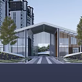 Modern Pergola Structure With Glass Facade And Trees Near High Rise Buildings