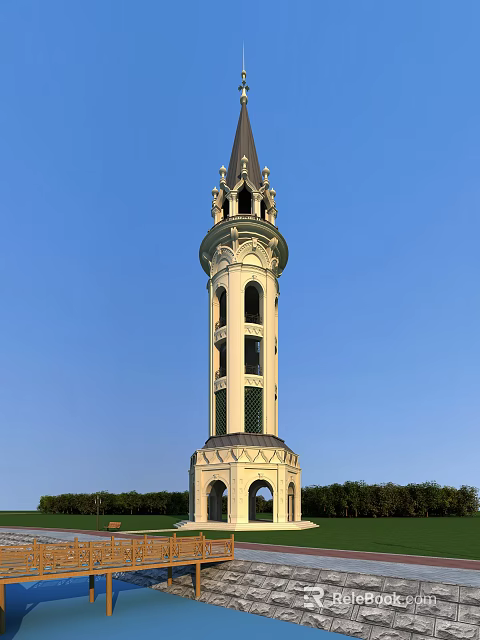 Ornate Tiered Tower With Spire And Arched Windows Against Blue Sky With Greenery 3d model 