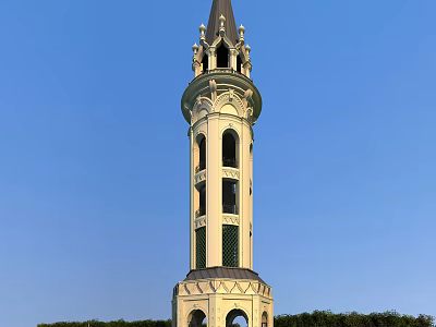 Ornate Tiered Tower With Spire And Arched Windows Against Blue Sky With Greenery 3d model