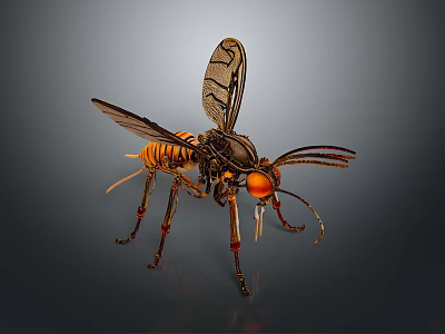 3D Rendered Mechanical Insect Featuring Metallic Wings Red Eyes Mechanical Legs And Striped Body 3d model