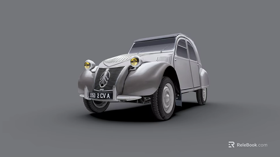 Vintage Silver Classic Car With Yellow Headlights And License Plate 195 201 A 3d model 