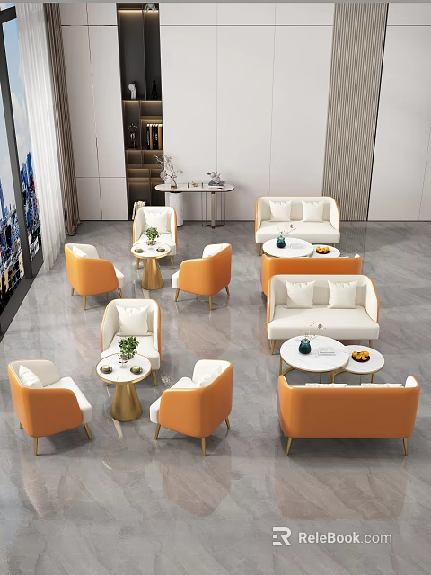 Elegant Modern Living Room Sofa Table Set With Orange White Sofas Round Coffee Tables And Floor to Ceiling Windows 3d model 