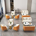 Elegant Modern Living Room Sofa Table Set With Orange White Sofas Round Coffee Tables And Floor to Ceiling Windows