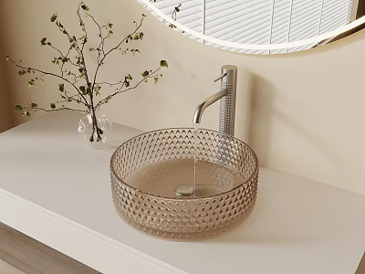 Transparent Textured Glass Wash Basin with Silver Faucet Water Dripping on White Countertop 3d model