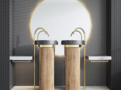Modern Double Washstand with Gold Faucets Wooden Columns Round Mirror and Black Grid Wall 3d model