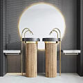 Modern Double Washstand with Gold Faucets Wooden Columns Round Mirror and Black Grid Wall