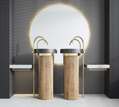 Modern Double Washstand with Gold Faucets Wooden Columns Round Mirror and Black Grid Wall 3d model