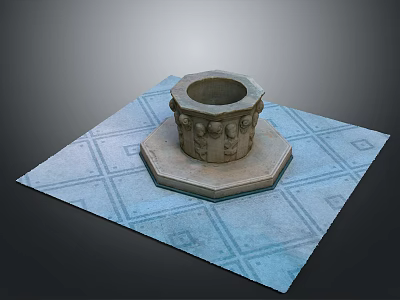 Stone Carved Circular Pedestal On Blue Square Mat With Geometric Pattern And Decorative Carvings 3d model