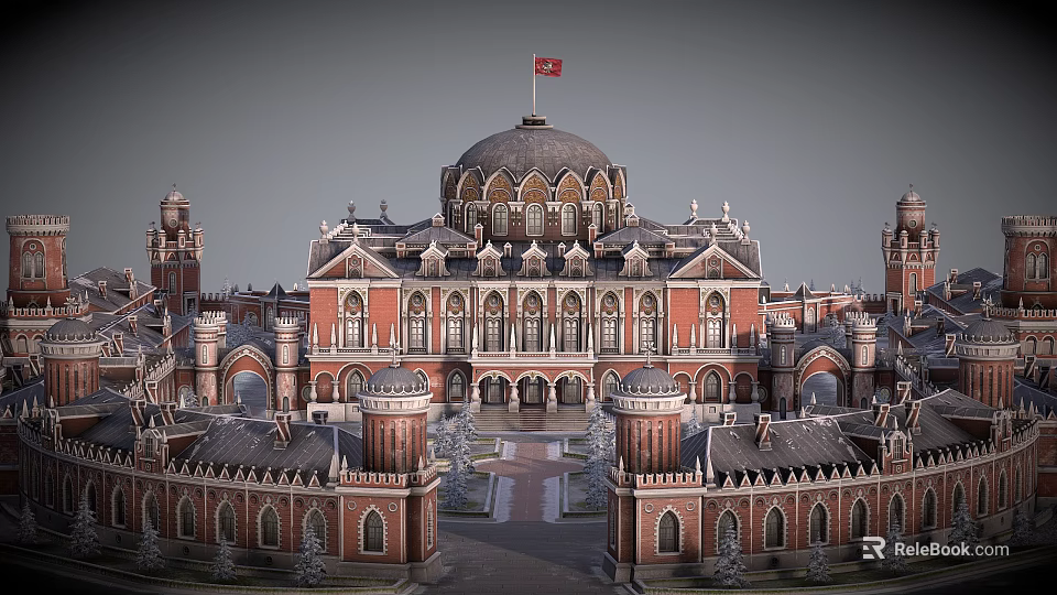 Cartoon Scenery Red Brick Building With Dome Towers Red Flag And Arched Details 3d model 