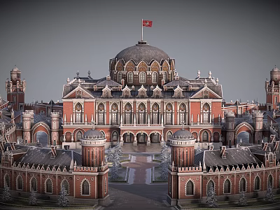 Cartoon Scenery Red Brick Building With Dome Towers Red Flag And Arched Details 3d model