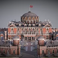 Cartoon Scenery Red Brick Building With Dome Towers Red Flag And Arched Details