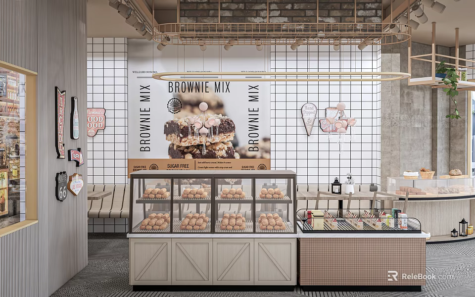 Mall Dessert Shop Interior With Display Cases Brownies And Decorative Wall Art 3d model 